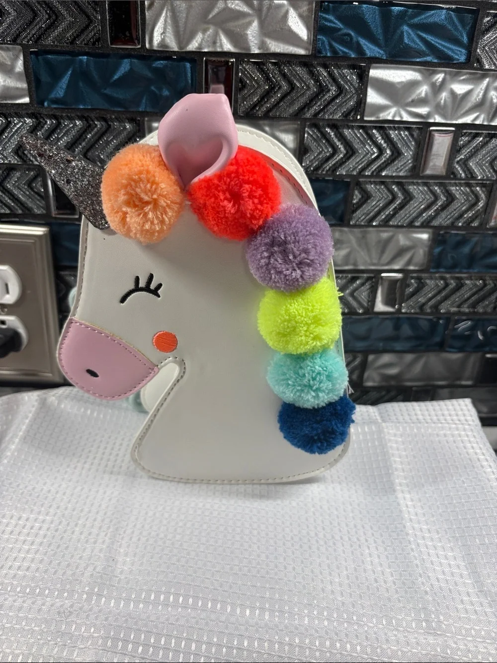 Cat & Jack White Unicorn Crossbody Bag with Multicolor Pom-Poms
